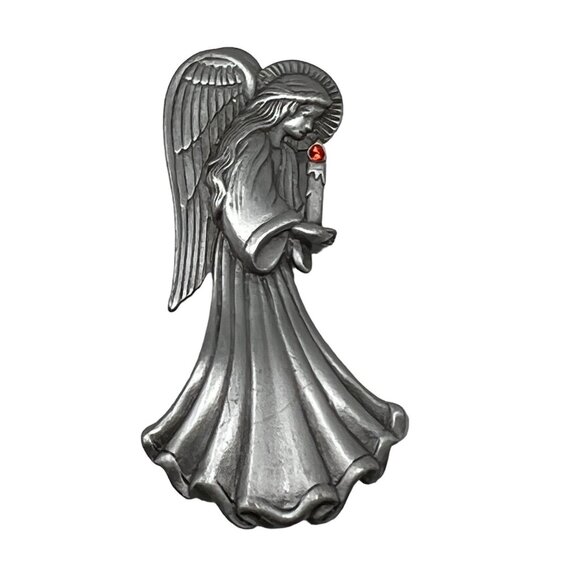 Vintage JJ Angel Brooch Silver Pewter Tone Red Rhinestone Crystal Candle Pin - Picture 1 of 8